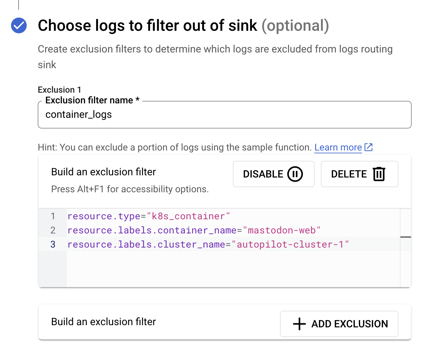 User interface for log exclusion